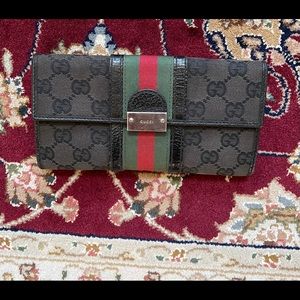 Gucci Brown Monogram Wallet with Green and Red Web Stripe